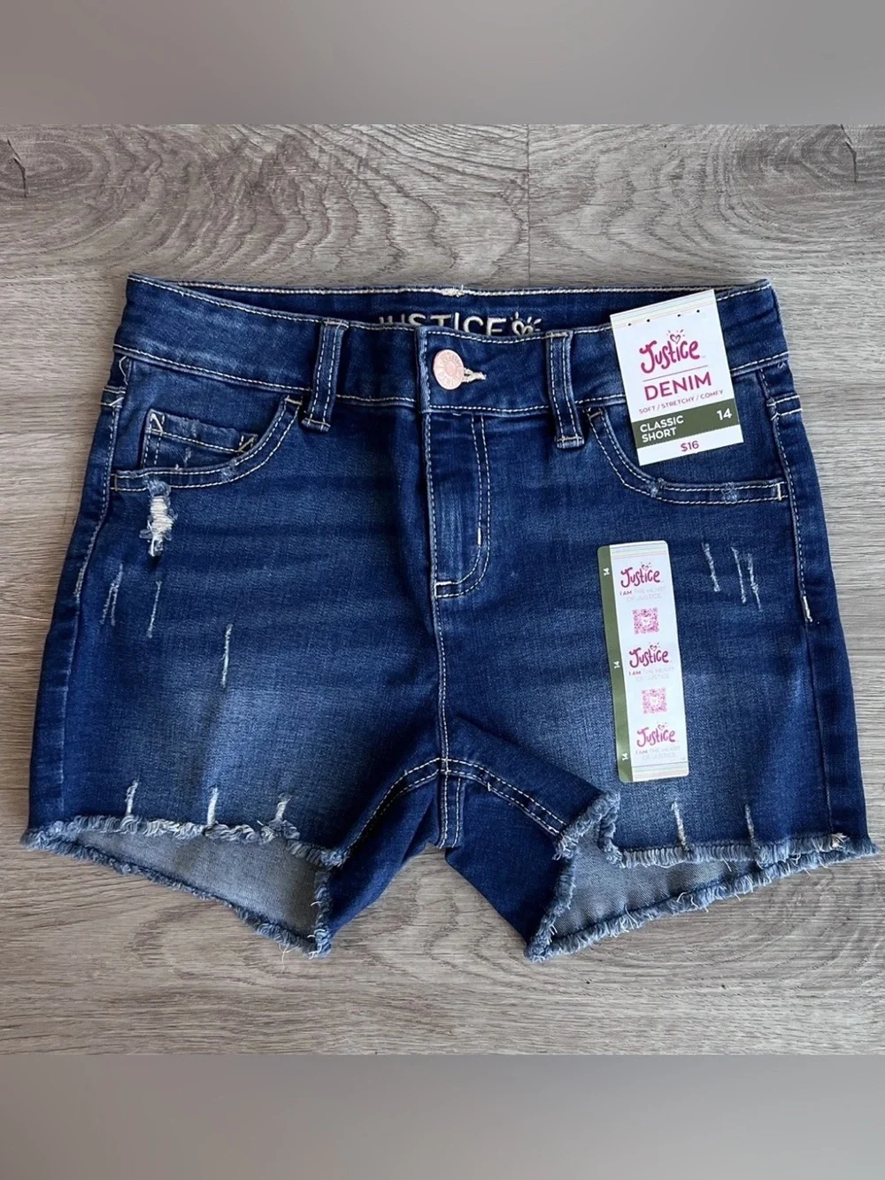 Justice Girls Distressed Classic Denim Jean Shorts Raw Hem Size 14 Soft Stretchy